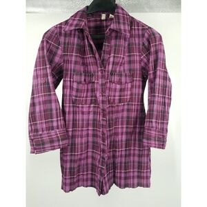 St. Johns Bay Womens Button‎ Up Shirt Purple Plaid 3/4 Sleeve Cuff Collar Medium